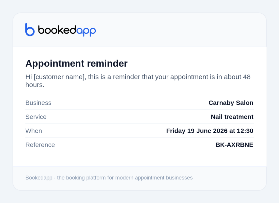 Personalise your confirmation & reminder emails — Bookedapp screenshot